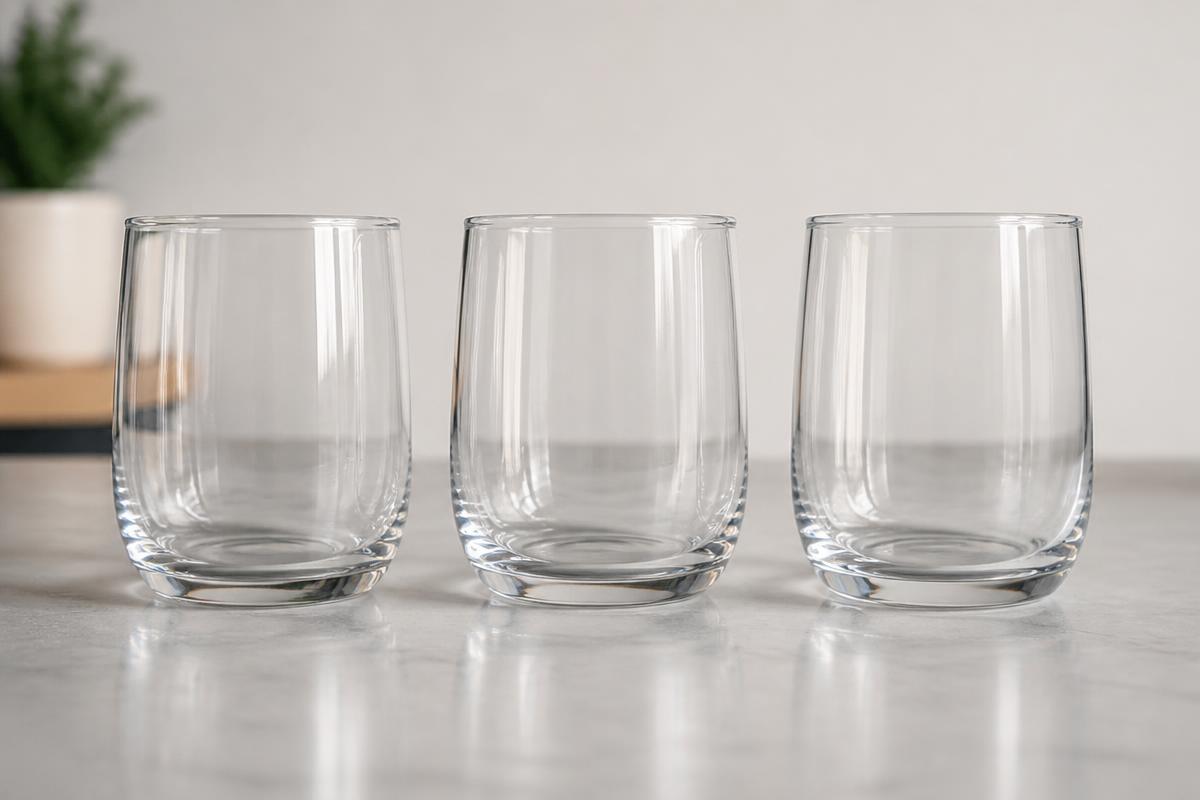 The same drinking glasses washed after softener installation, clear and free of spotting