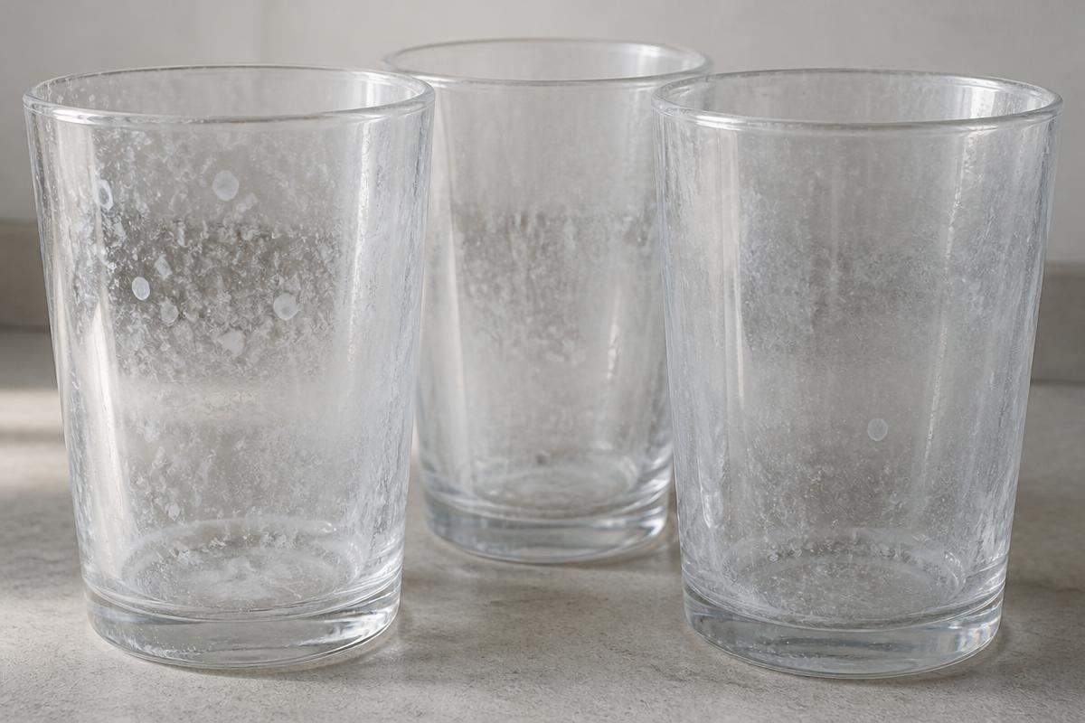Drinking glasses showing white mineral spotting and film after washing in untreated hard water