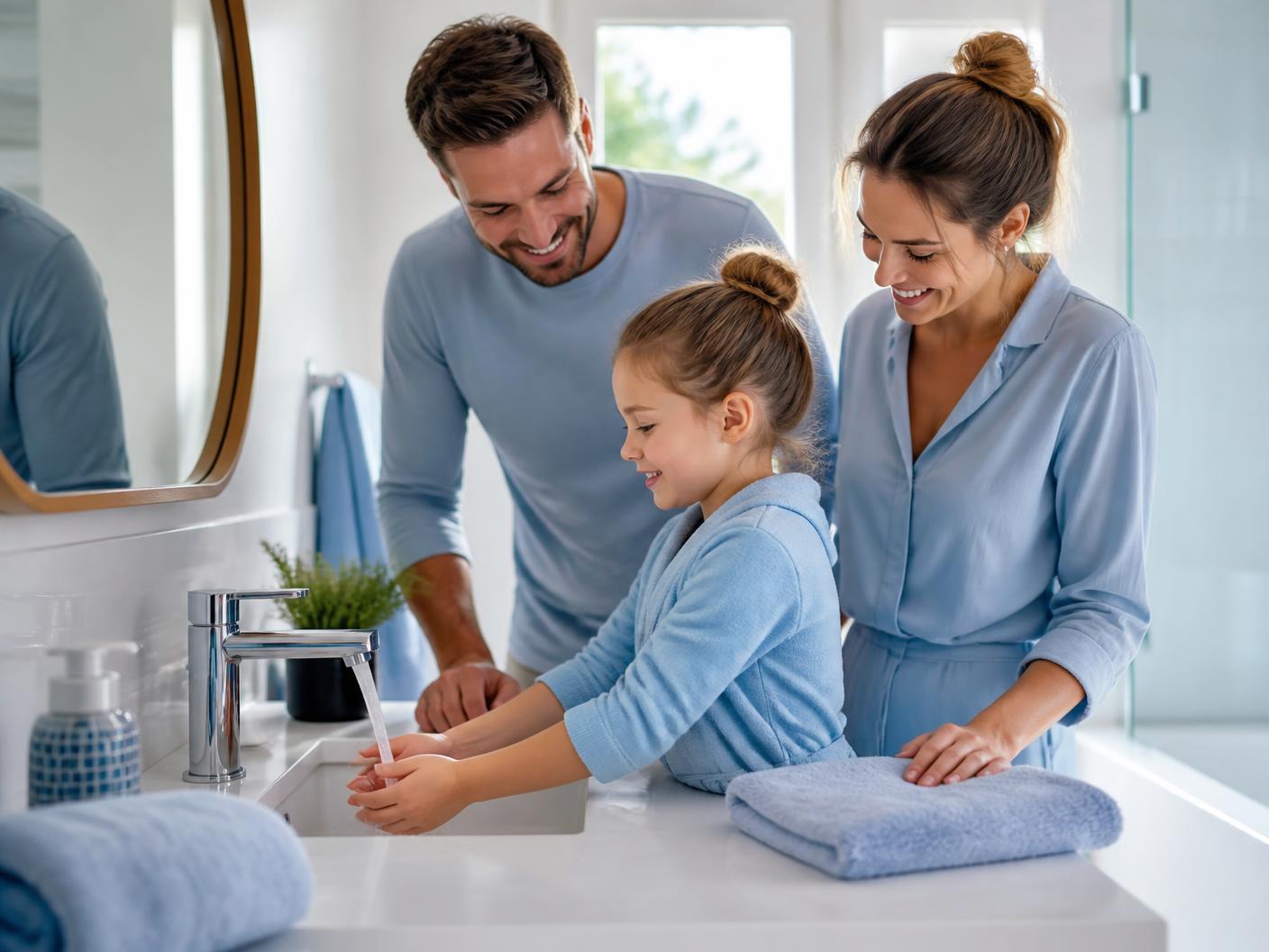 A family washing hands together at a bright bathroom sink