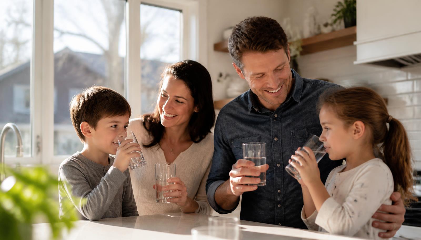 A smiling family drinking clean water together in a bright modern kitchen