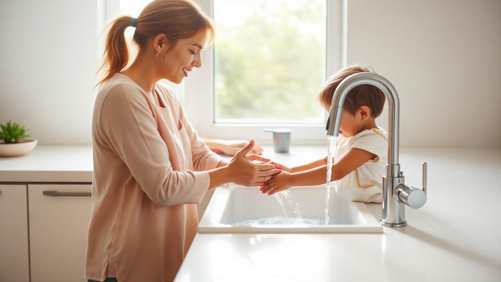 A parent and child washing hands under clear running water