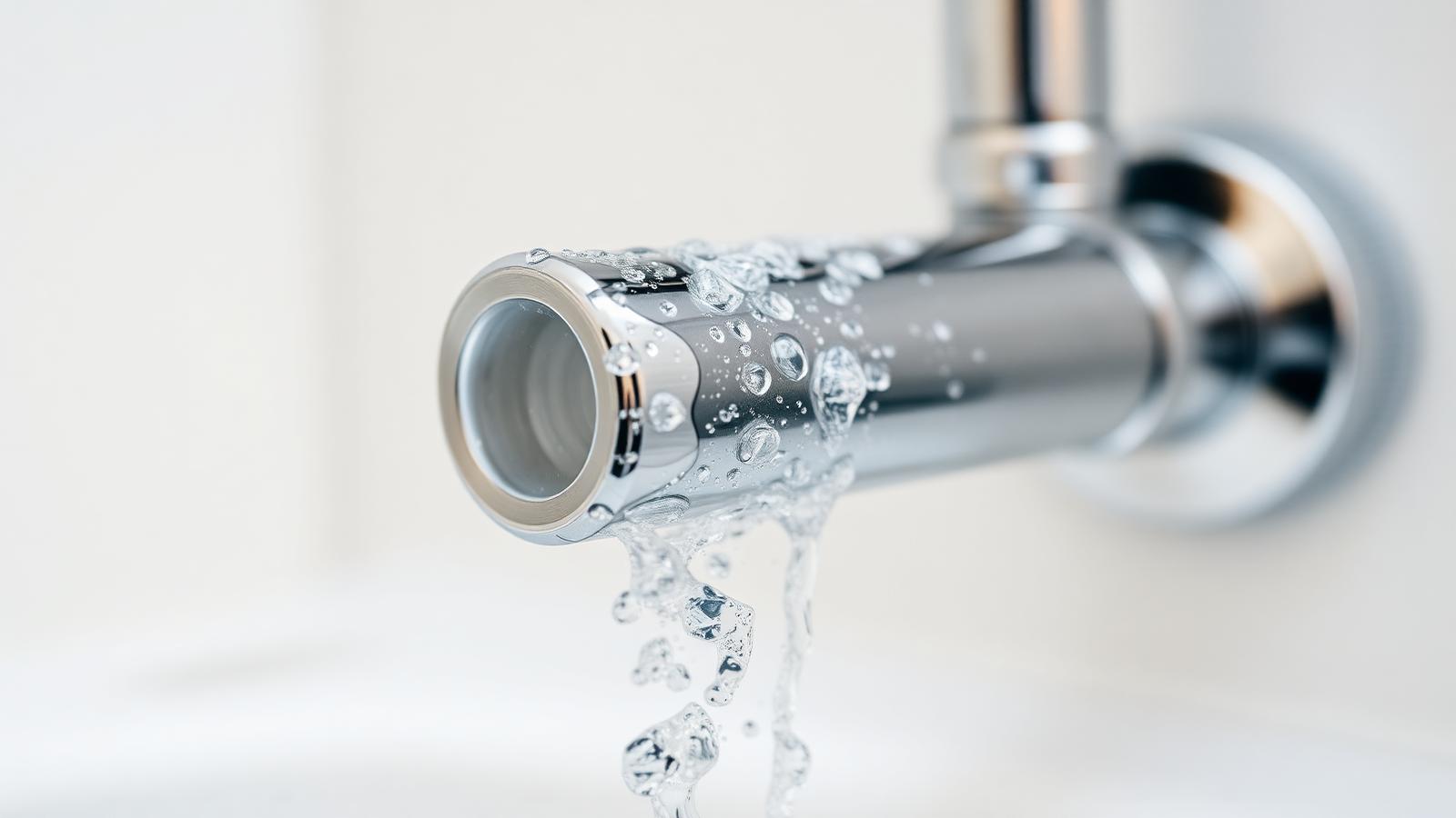 Water running from a chrome tap with mineral spotting on the fixture