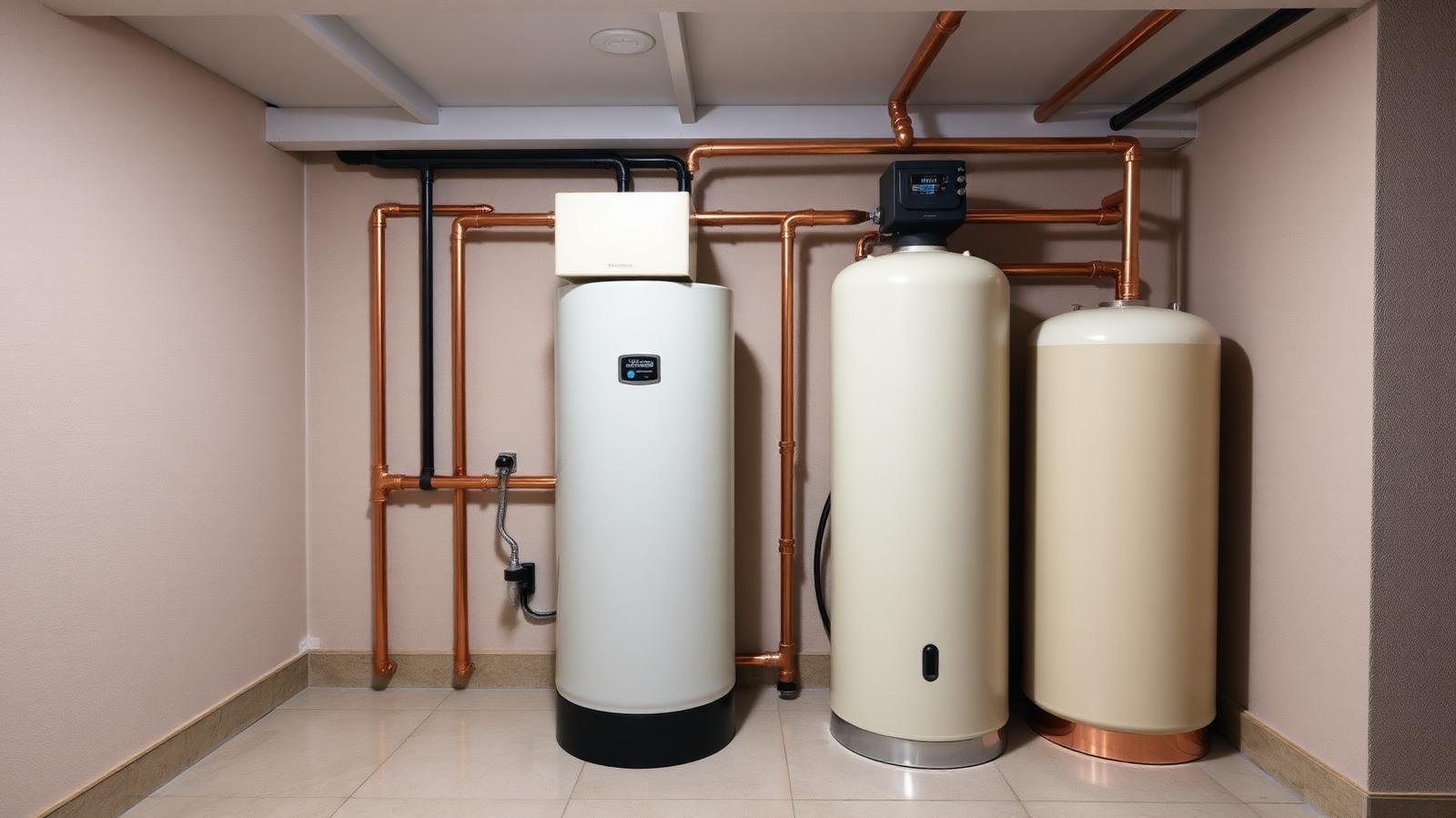 A twin tank softener and filtration system installed in a basement