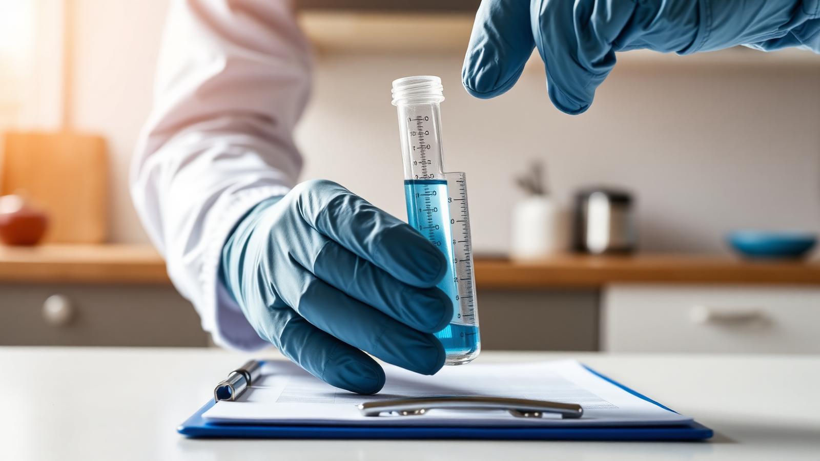 A technician holding a water sample vial beside a test report
