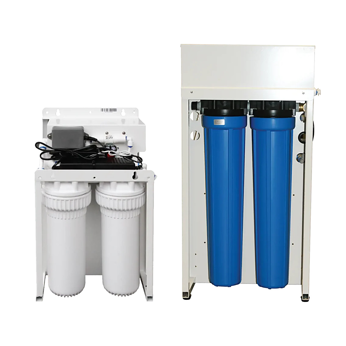 Commercial reverse osmosis system with membrane housings and pressure gauges in a mechanical room