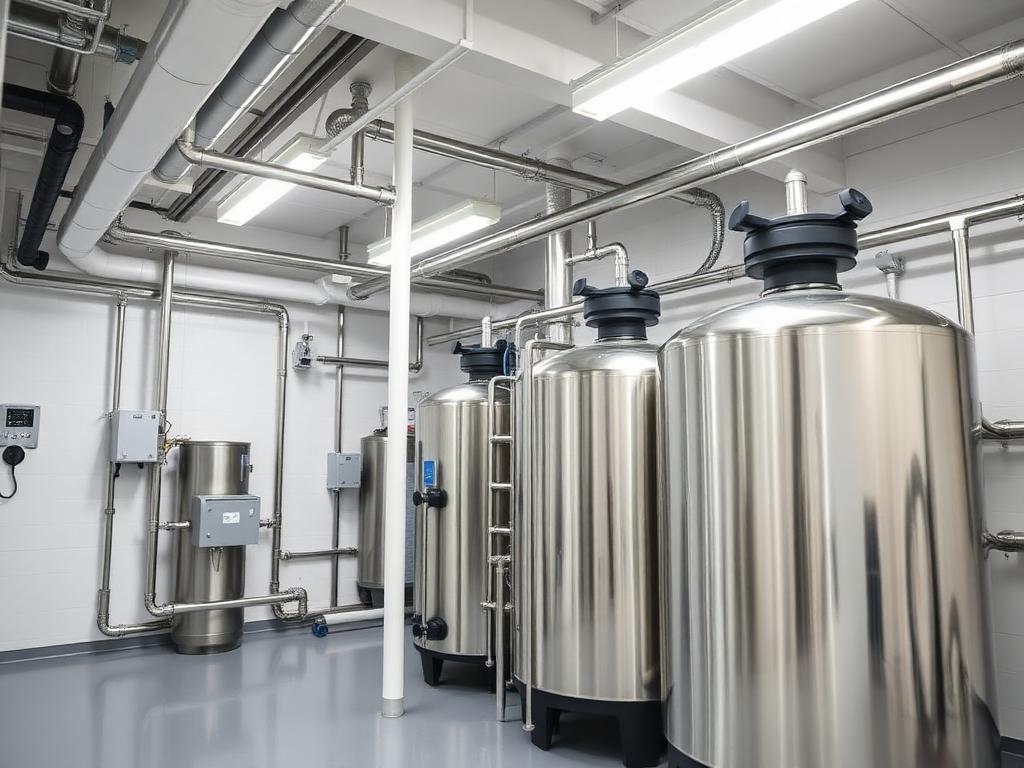 Commercial water treatment tanks in a mechanical room