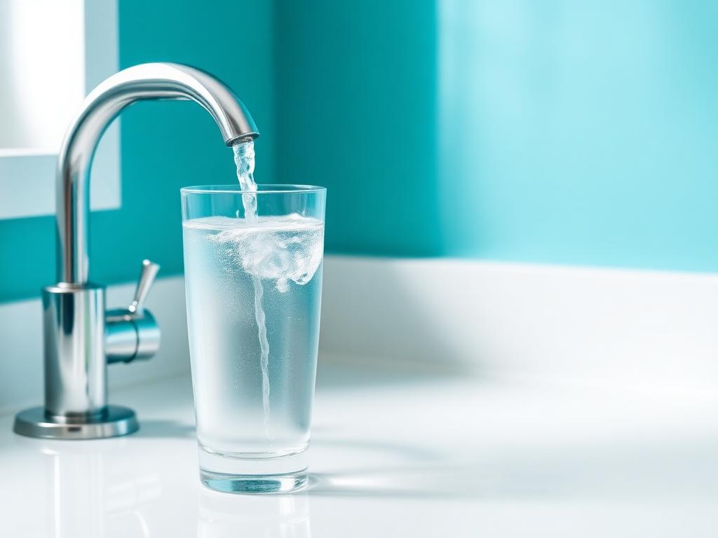 Glass of filtered drinking water beside a filter faucet