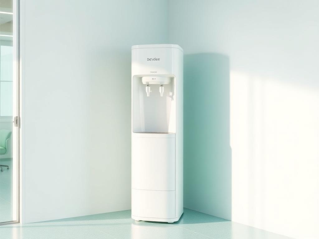 Freestanding water cooler dispensing chilled water in an office