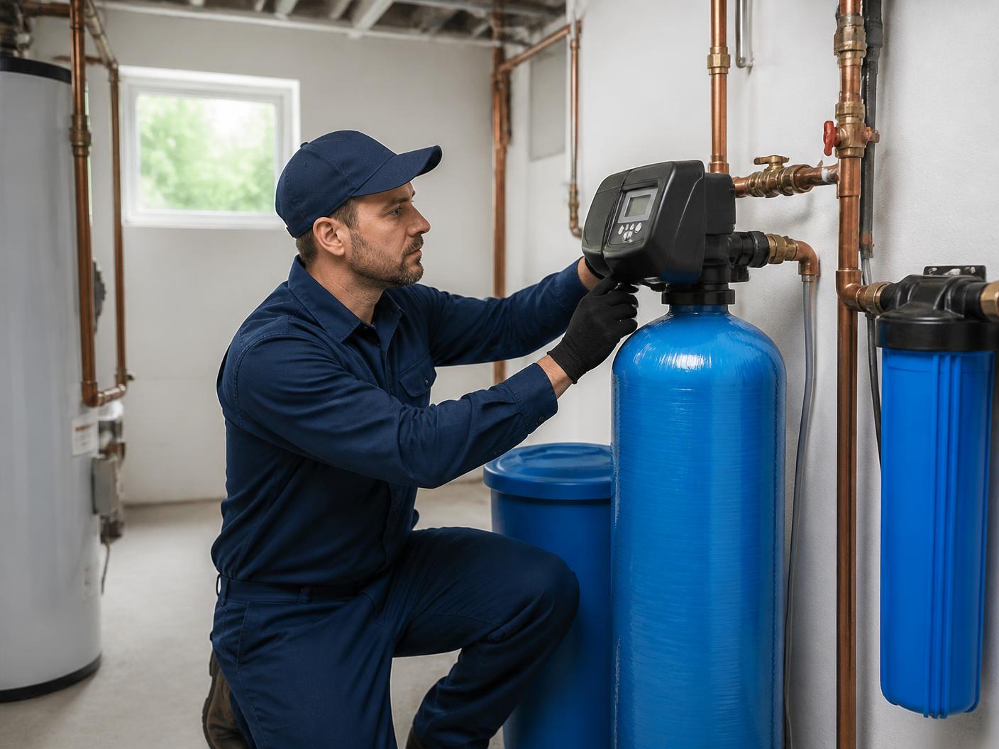 An IH2O technician commissioning a water softener in a home utility room