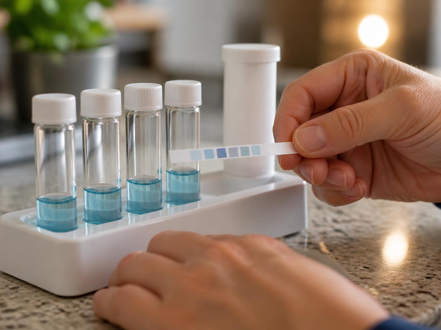 A water specialist reading a hardness test strip against reagent vials